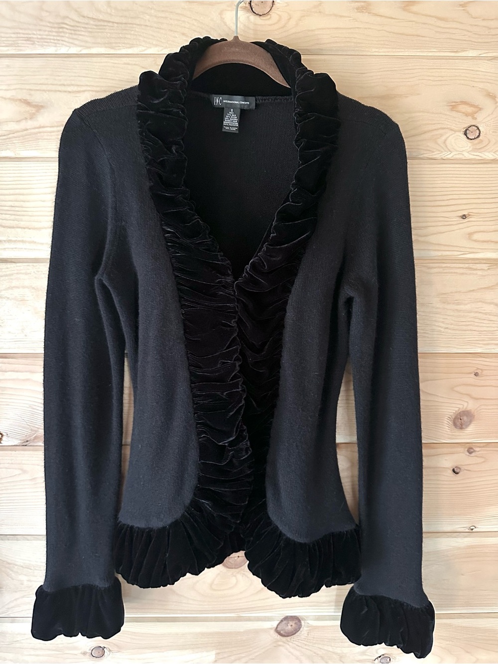 INC International Concepts Black Silk Angora Velvet Ruffle Trim Cardigan Small